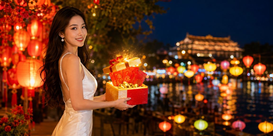 Bao lì xì đỏ và không khí chợ đêm Huế – biểu tượng may mắn gắn với văn hóa thưởng lễ hội tại miền Trung Việt Nam