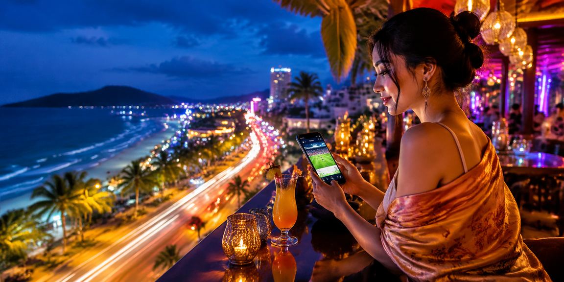 Không gian cá cược thể thao sôi động tại Phú Quốc với ánh đèn neon hiện đại
